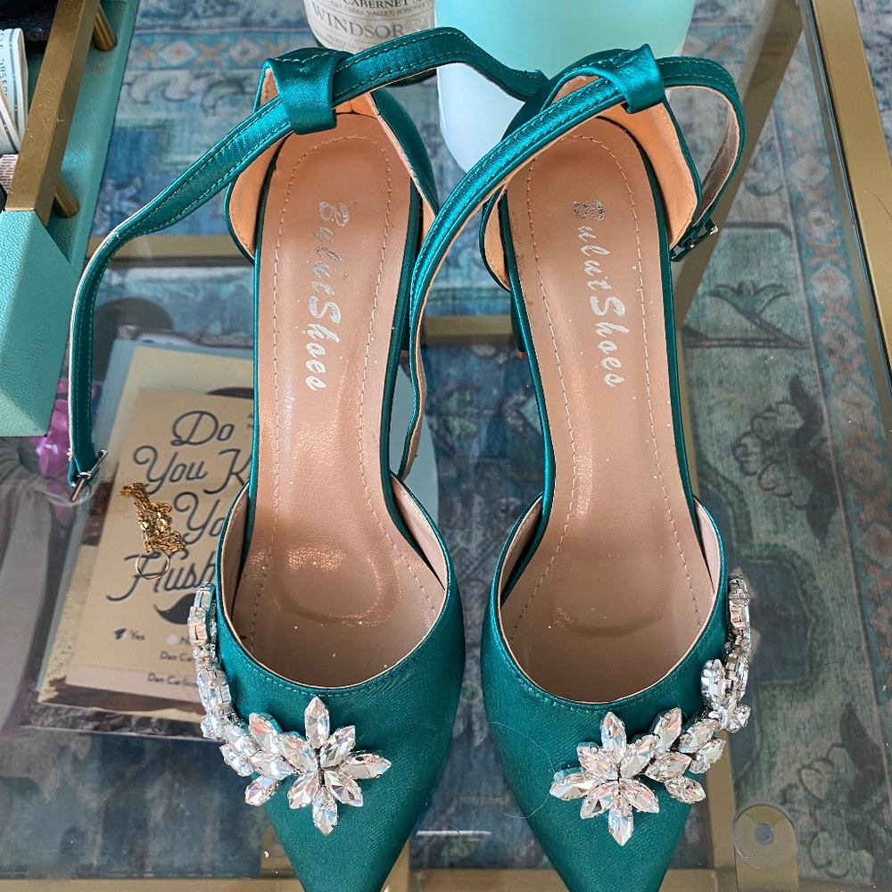 Emerald green rhinestone heels